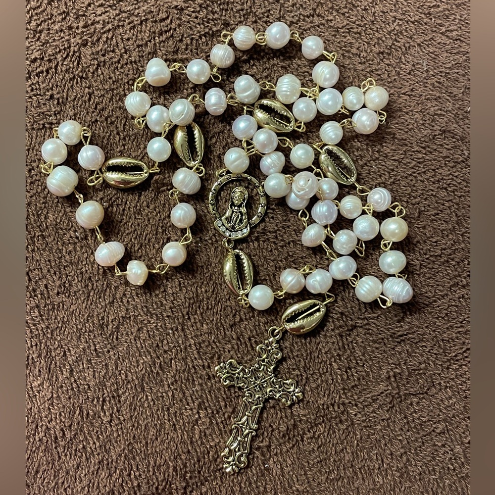 Elegant Gold shell and freshwater pearl heirloom rosary handmade one of a kind